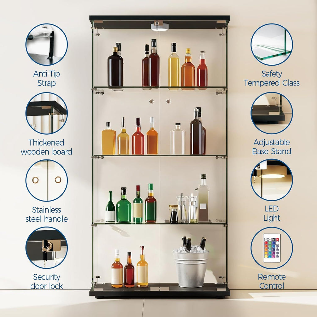 Glass Display Cabinet 4-Tier, Display Cabinet with Glass Doors, Curio Cabinet with Tempered Glasses Doors,Metal Storage Cabinets for Living Room, Plant, Assembly Required, Black