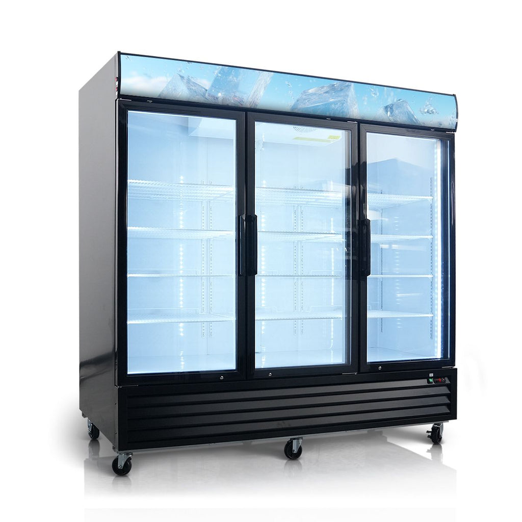 Glass Door Merchandiser Freezer 70 Cu.ft Swing Door Commercial Reach-In Display Freezers with LED Top Panel Upright Freeze Storage