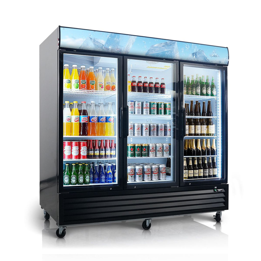Glass Door Merchandiser Refrigerator 70 Cu.ft Swing Door Commercial Display Refrigerators Merchandising Refrigeration with LED Top Panel