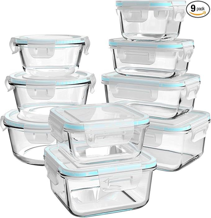 Glass Food Storage Containers with Lids, [18 Piece] Glass Meal Prep Containers, Containers for Food Storage with Lids, BPA Free & Leak Proof (9 Lid & 9 Container)