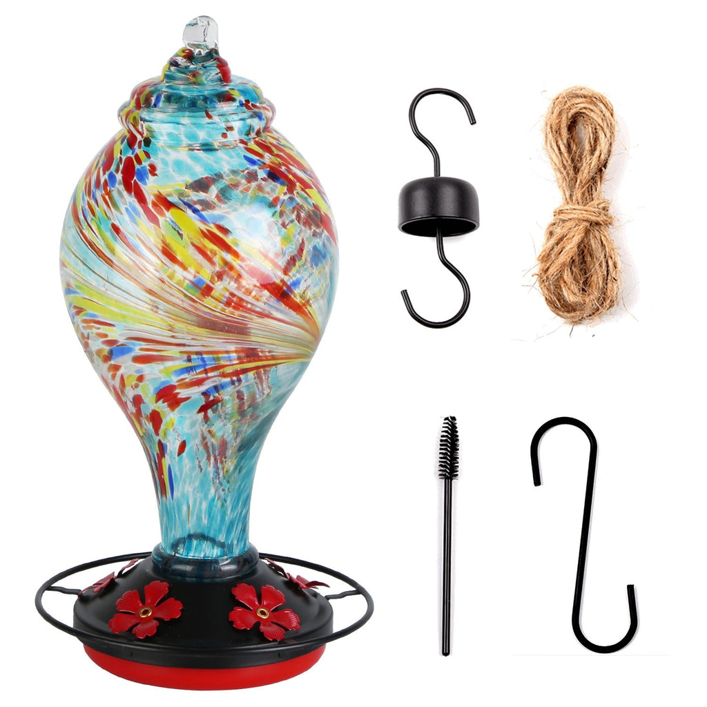 Glass Hummingbird Feeder 33OZ Hand Blown Hummingbird Feeder with 5 Flower Feeding Port Perch Ant Moat Hanging Hook S Hook Hemp Rope Cleaning Brush for Garden Backyard Decor