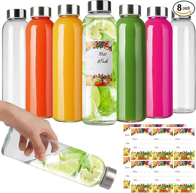 Glass Water Bottles with Stainless Steel Lids 8Pack, Reusable Empty Drinking Bottles for Juices, Smoothies, Tea, Beverages,Kombucha (16fl.oz/500ml, Set of 8)