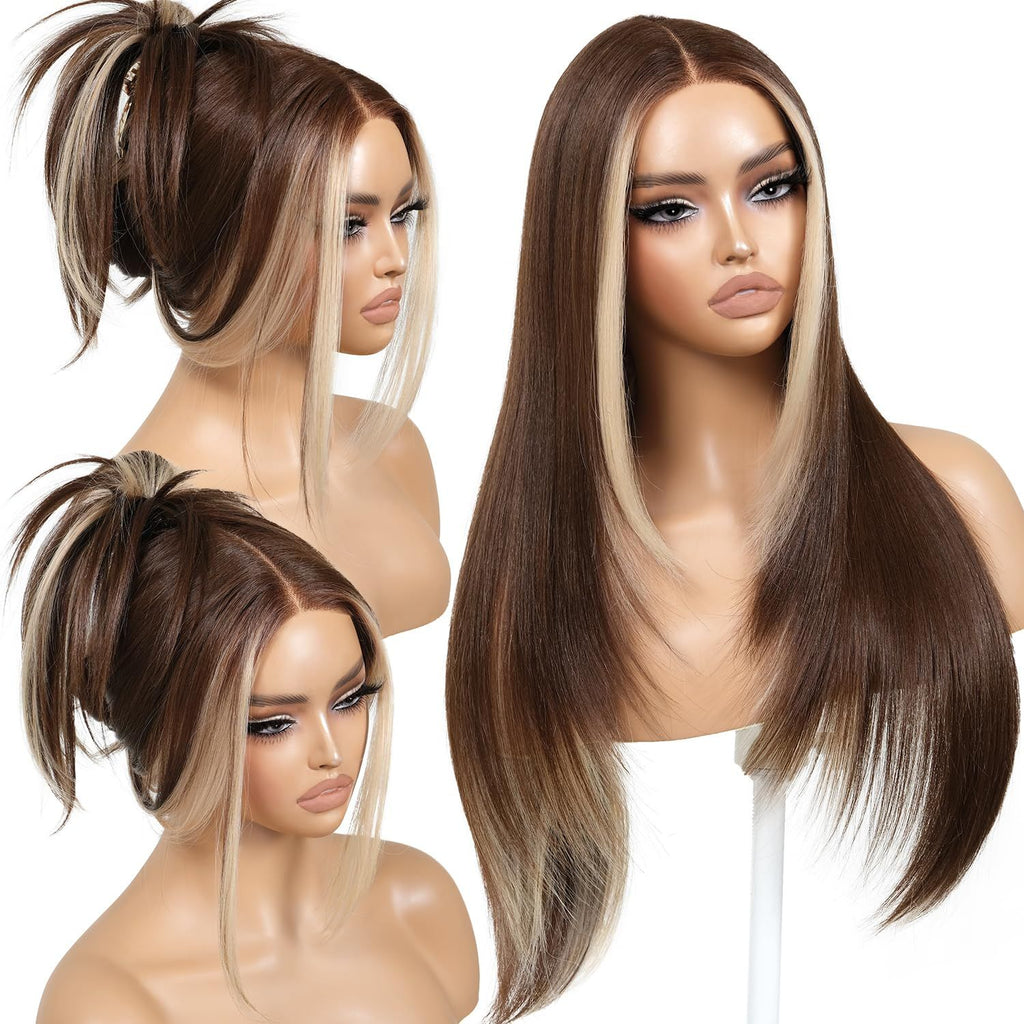 Glueless Wig Wear and Go Brown Wig with Highlight Bangs Synthetic Lace Front Wigs for Women Pre Cut Lace Pre Plucked Peekaboo Layered Wig Ready to Wear Middle Part 26 Inch