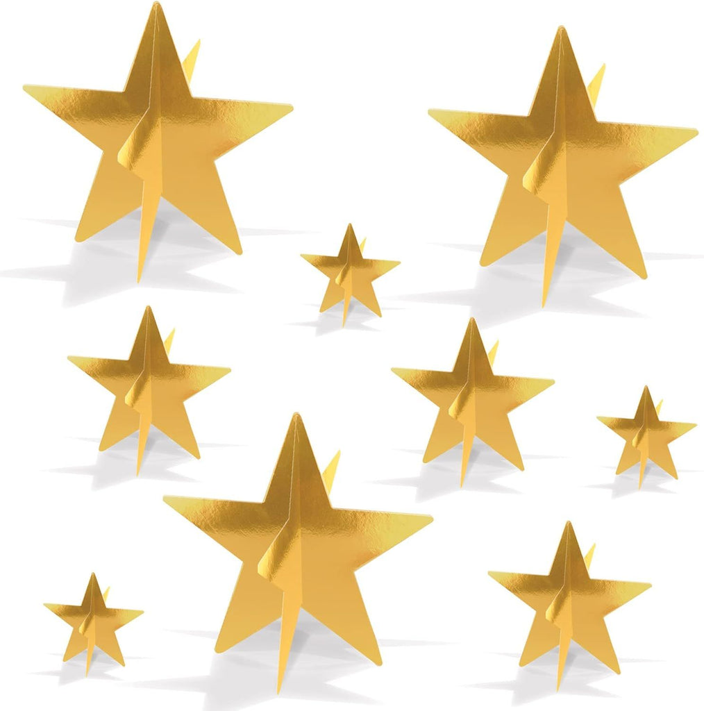 Gold 3-D Foil Star Centerpieces, 9-Count – Metallic Starry Table Decorations in 3 Sizes for New Year's Eve, Awards Night, Graduation, Hollywood Party, Anniversary and Celebration Events