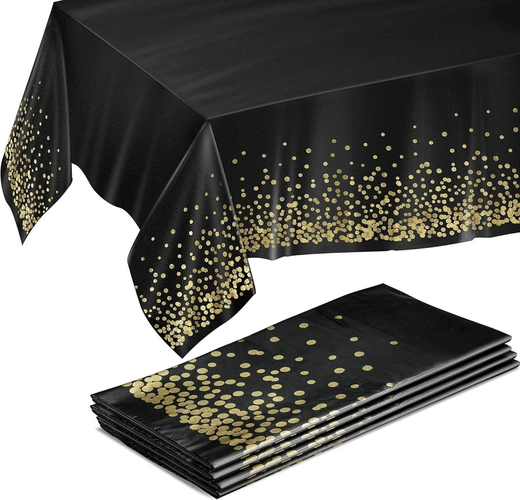 Gold and Black Table Cloth for Events - Pack of 4, 54 x 108 Inches - Disposable Table Cover, Ideal Black Tablecloths for Party Decorations, Dining, and Holiday Celebrations