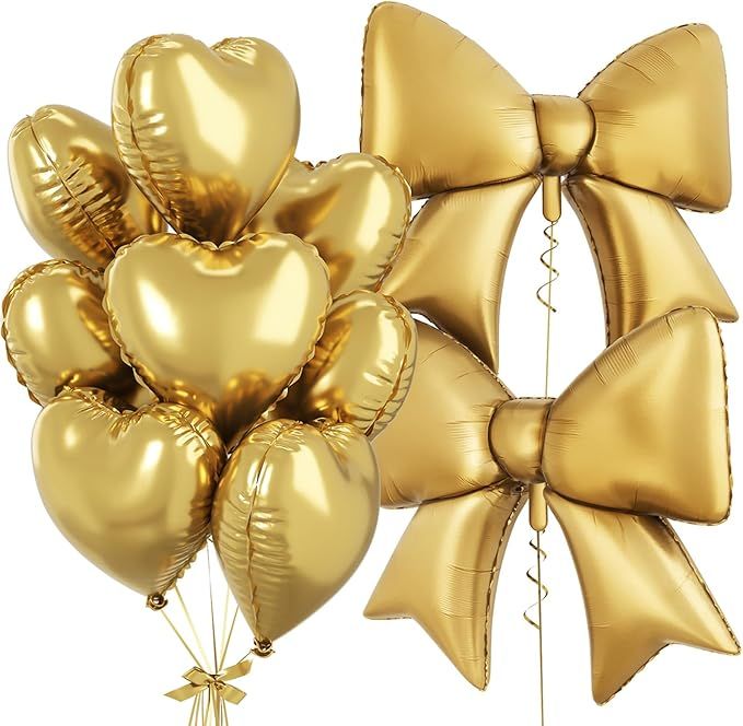 Gold Heart Balloons, Foil Bow Balloons, 10Pcs 18 Inch Heart Shaped Balloon and 38 Inch Helium Metallic Gold Bow Foil Balloon for Birthday Valentines Baby Shower Bridal Wedding Anniversary Decor