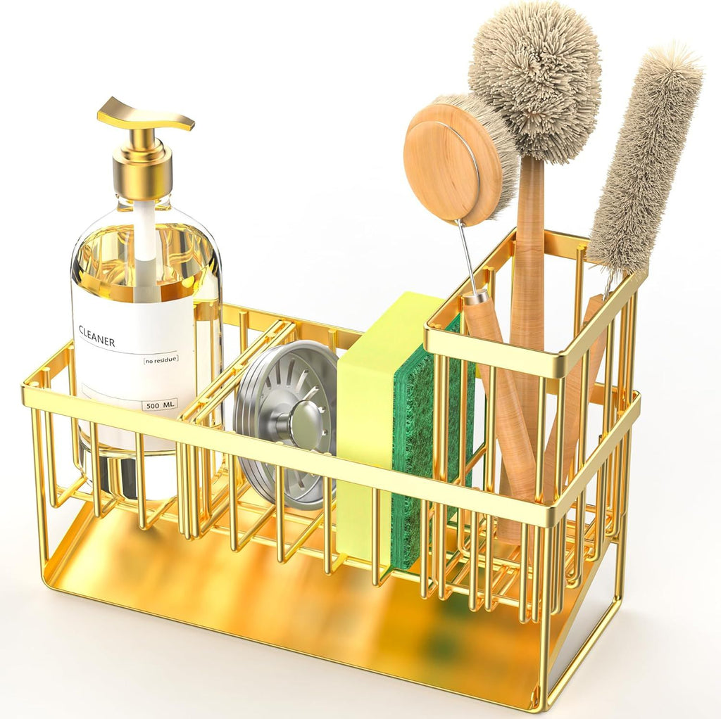 Gold Kitchen Sink Caddy Organzier with High Brush Holder, Sponge Holder for Sink, 304 Rustproof Stainless, Kitchen Countertop Soap Dispenser Organizer, Home Decor and Accessories