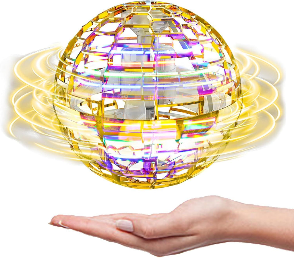 Gold Magic Flying Orb Ball with Lights,Cool Stuff Gadgets Birthday Gifts Toys for Boy Girl Teens,Helicopter Mini Drone for Kids,Hover Boomerang Ball,Flying Spinner
