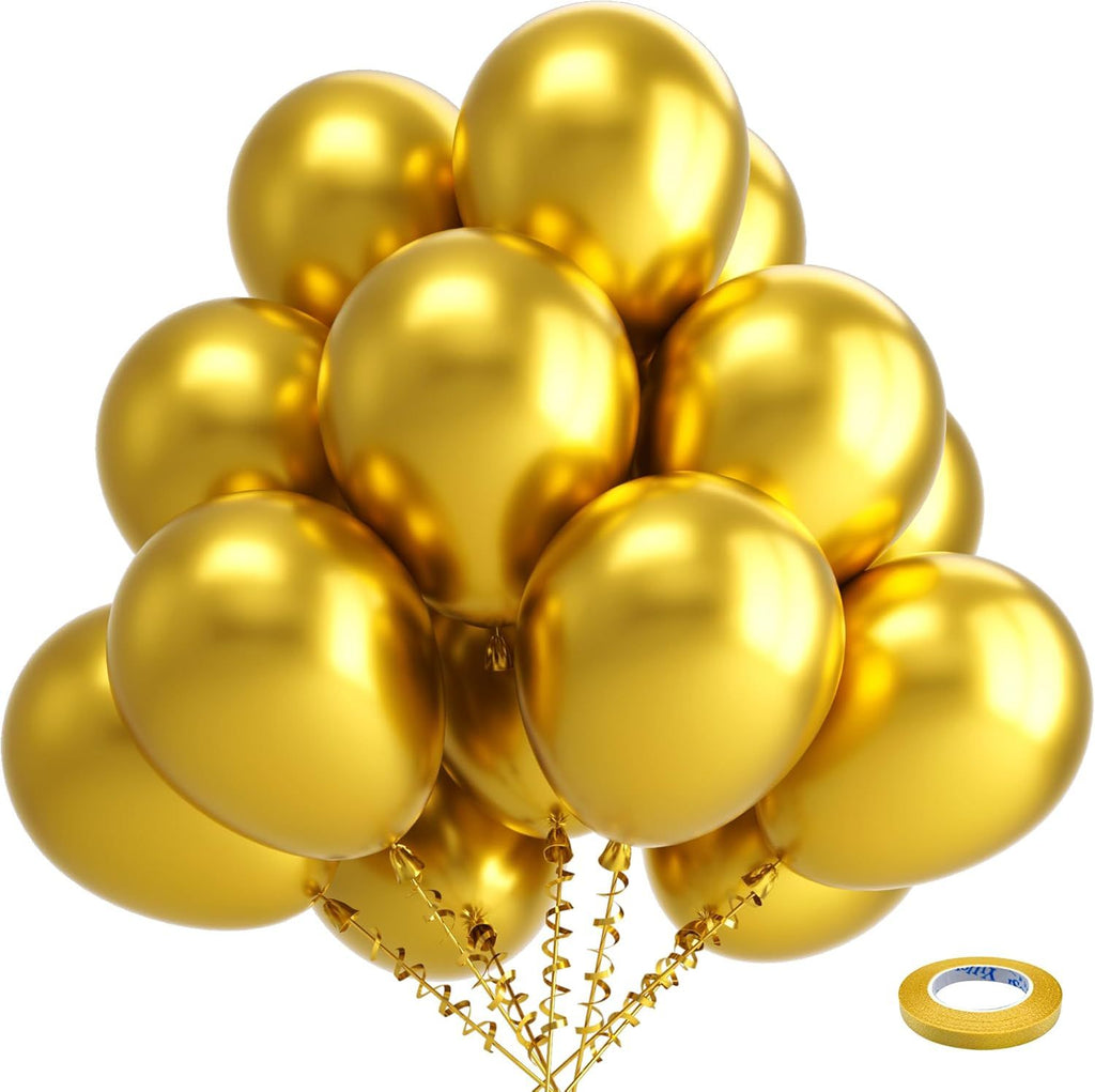 Gold Metallic Chrome Latex Balloons, 100 Pack 12 inch Gold Round Helium Balloons for Christmas Anniversary New Years Graduation Golden Birthday Retirement Casino Party Decorations 2026
