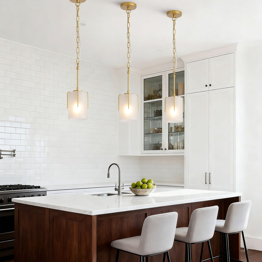 Gold Modern Pendant Light with Frosted Glass Shade, Adjustable Height, Compatible with Flat/Vaulted/Curved Ceilings, E26 Base (Max 60W) for Kitchen Island Dining Room