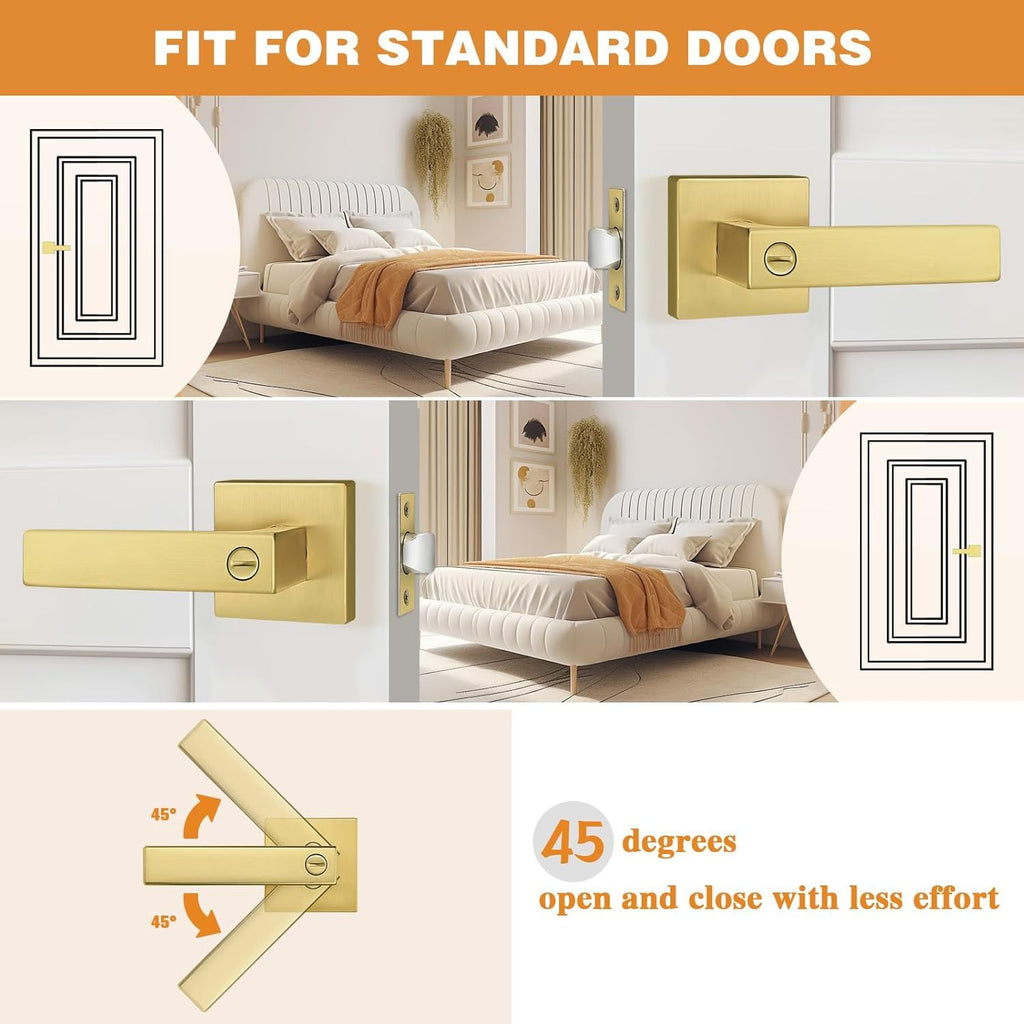 Gold Privacy Door Handle Lockset Heavy Duty Interior Door Lever for Bedroom Reversible Keyless Handleset Door Knob 10 Pack