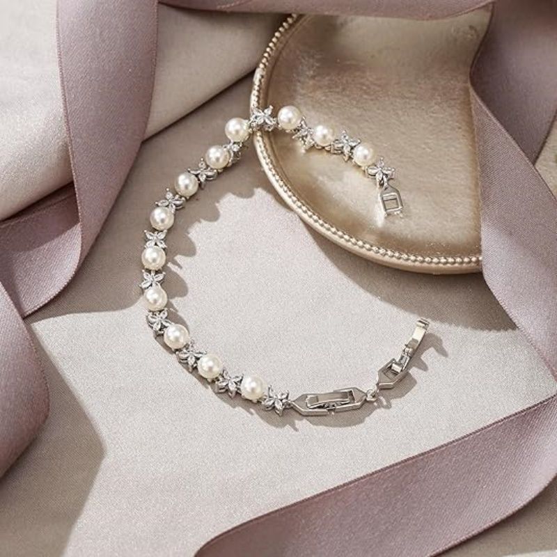 Gorgeous Cubic Zirconia Wedding Jewelry for Bride Bridesmaid, Elegant Simulated Pearl Teardrop Tennis Bracelet Gift for Women
