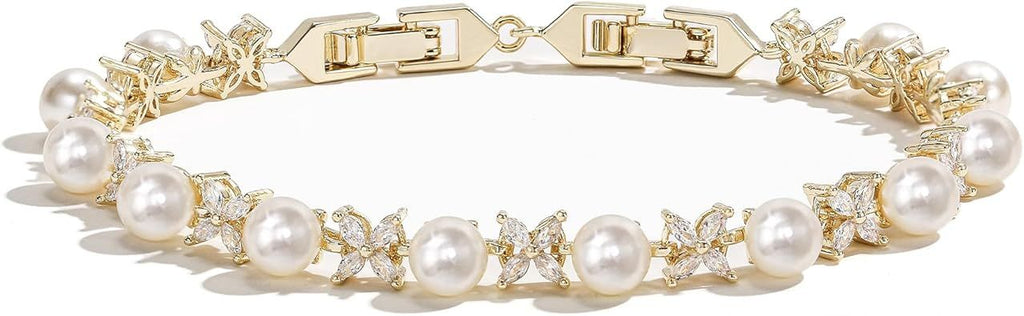 Gorgeous Cubic Zirconia Wedding Jewelry for Bride Bridesmaid, Elegant Simulated Pearl Teardrop Tennis Bracelet Gift for Women