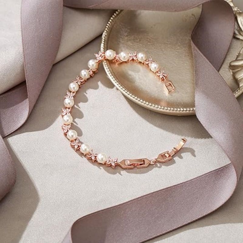 Gorgeous Cubic Zirconia Wedding Jewelry for Bride Bridesmaid, Elegant Simulated Pearl Teardrop Tennis Bracelet Gift for Women