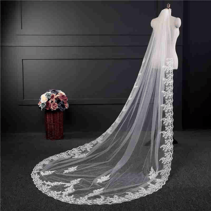 Gorgeous Wedding Lace Veil Floral Long Cathedral Veils for Brides Soft Tulle Bridal Veils with Comb