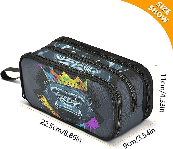 Gorilla with Crown Pencil Case Box Boys Girls Large Pencil Pouch with Zipper Compartments Big Capacity Stationery Pen Bag Organizer for Kids Teens Adults School