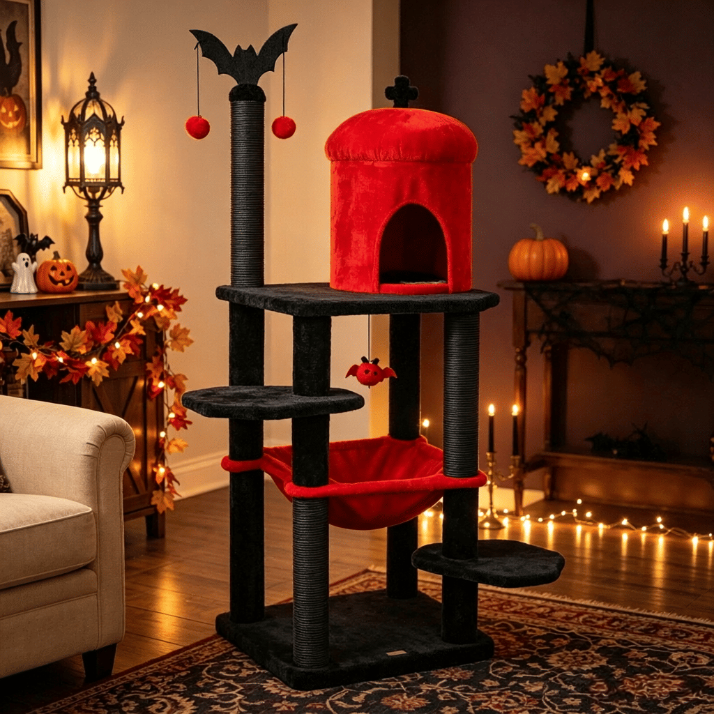 Gothic Multi-level Cat Tree 51'' with Spider Hanging Toy Black Halloween Theme Pet Supplies for Cats