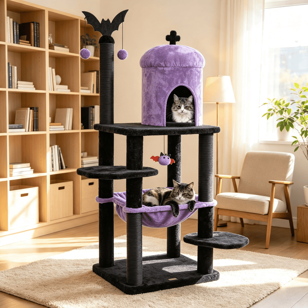 Gothic Multi-level Cat Tree 51'' with Spider Hanging Toy Black