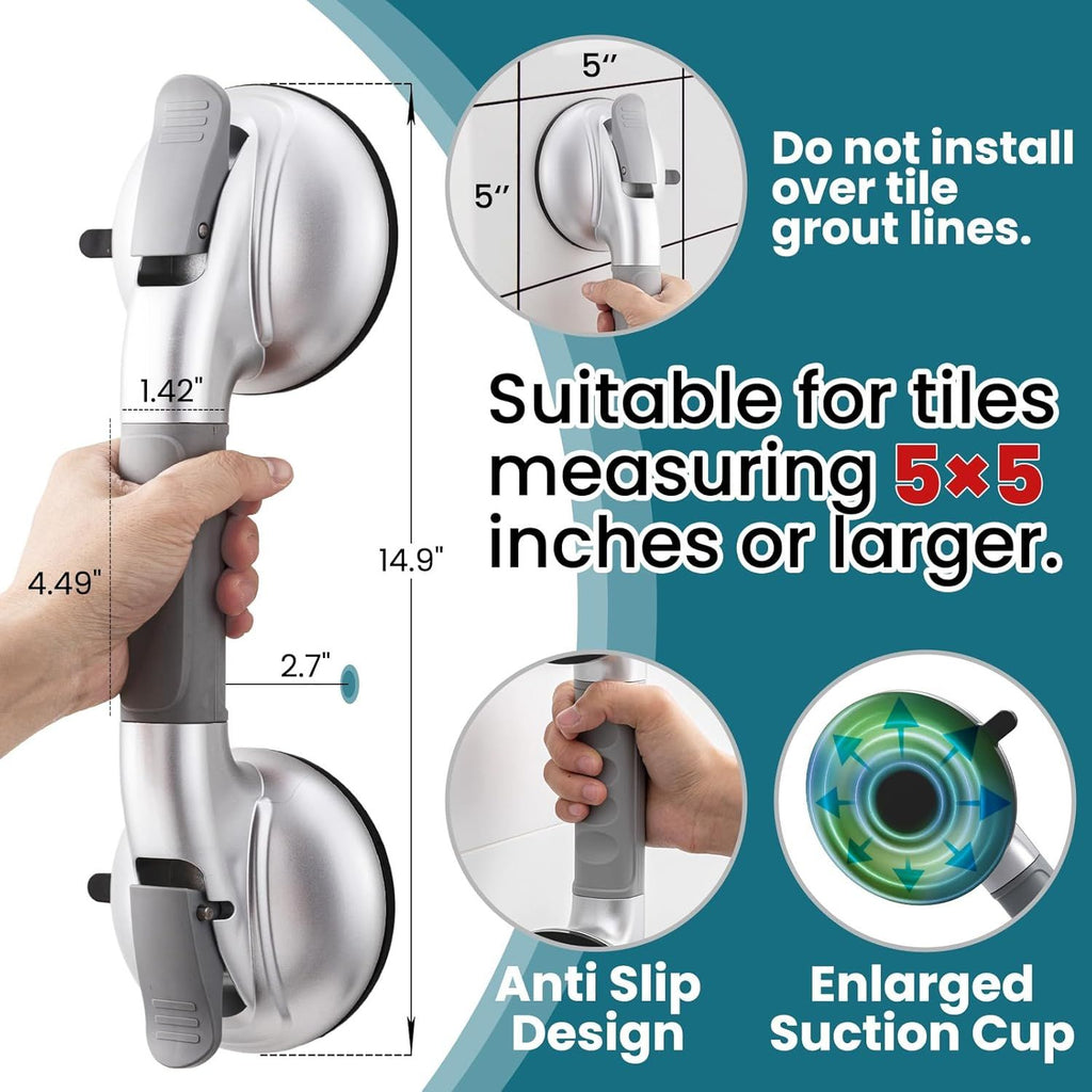 Grab Bars for Bathtubs and Showers,2 Pack Shower Handles for Elderly Suction,Maximum 330lbs,Shower Bar with Upgraded Rubber Suction Cups,Safety Grip for Senior, No Drilling Removable,Silver