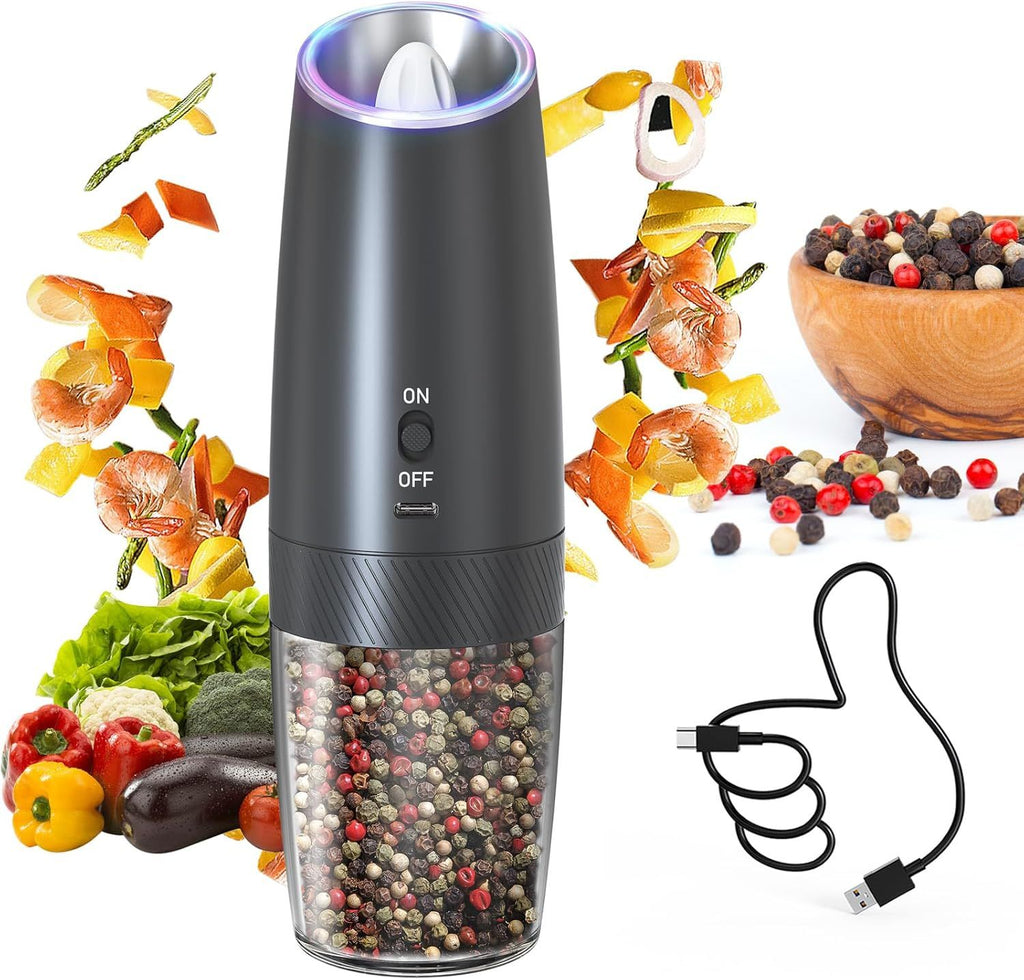 Gravity Electric Pepper Grinder Rechargeable Salt Grinder Pepper Griner Mill Electric with LED Light, No Battery Needed, Adjustable Coarseness, Washable 135ml Container, Black