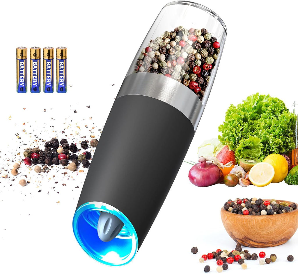 Gravity Electric Pepper Grinder Salt Grinder Pepper Griner Mill Electric with LED Light, Battery Operated, Adjustable Coarseness, Washable 135ml Container, 1 Pcs