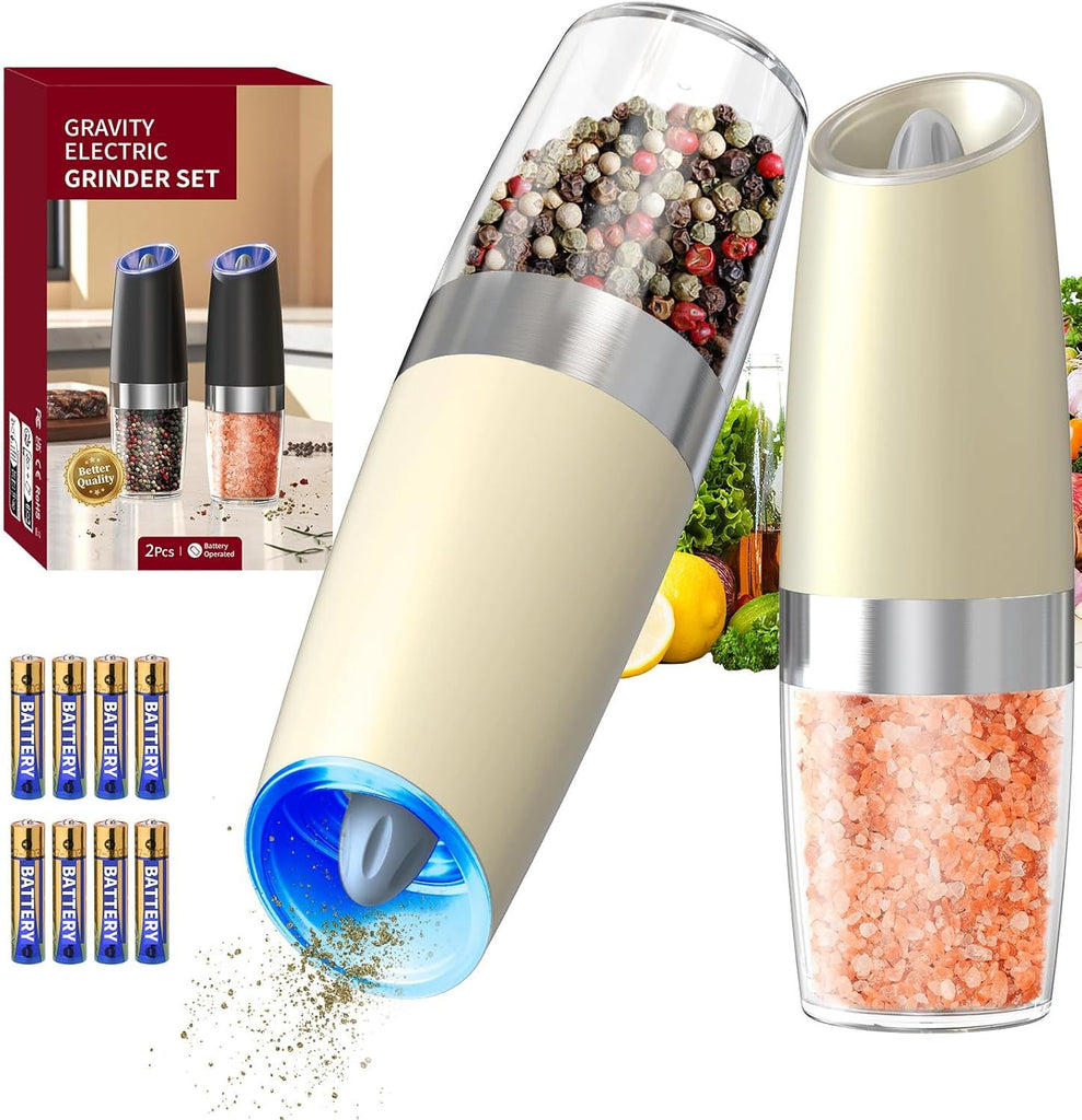 Gravity Electric Salt and Pepper Grinder Set Automatic Salt and Pepper Grinder Set with LED Light, Battery Operated, Adjustable Coarseness, Large Capacity, for Home Kitchen BBQ, Beige