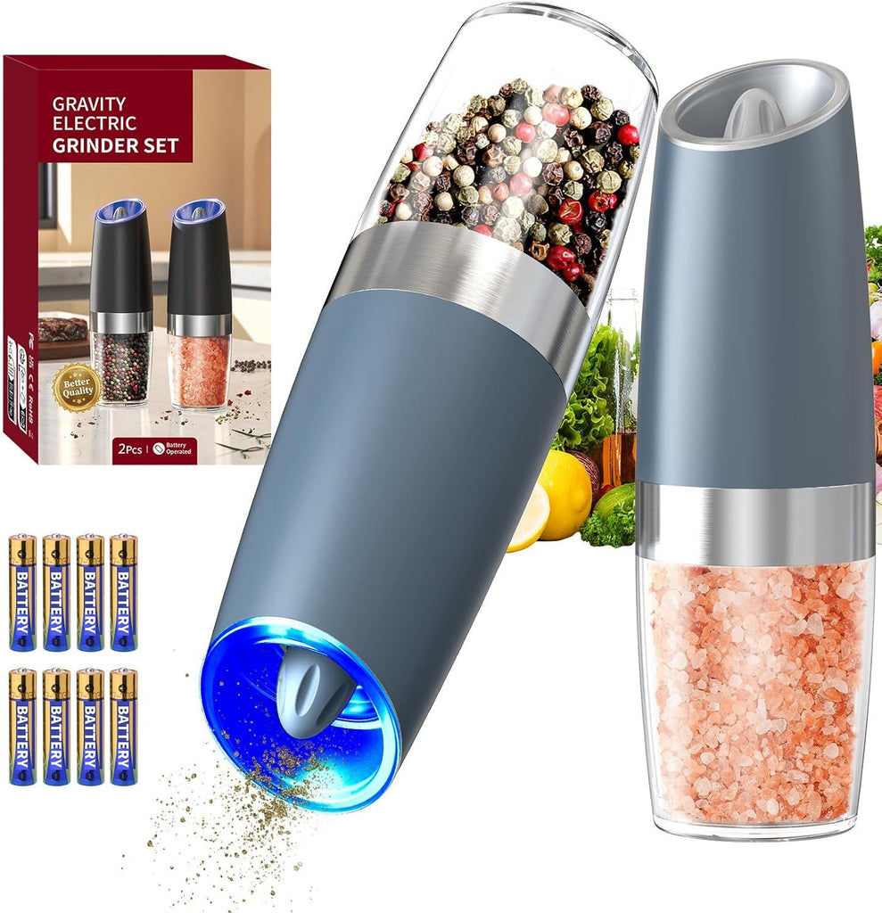 Gravity Electric Salt and Pepper Grinder Set Automatic Salt and Pepper Grinder Set with LED Light, Battery Operated, Adjustable Coarseness, Large Capacity, for Home Kitchen BBQ, Blue