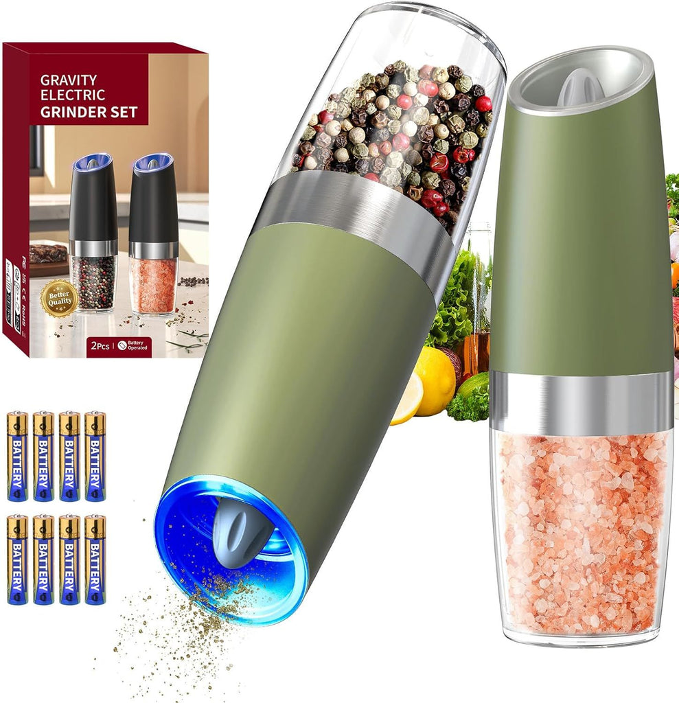 Gravity Electric Salt and Pepper Grinder Set Automatic Salt and Pepper Grinder Set with LED Light, Battery Operated, Adjustable Coarseness, Large Capacity, for Home Kitchen BBQ, Green