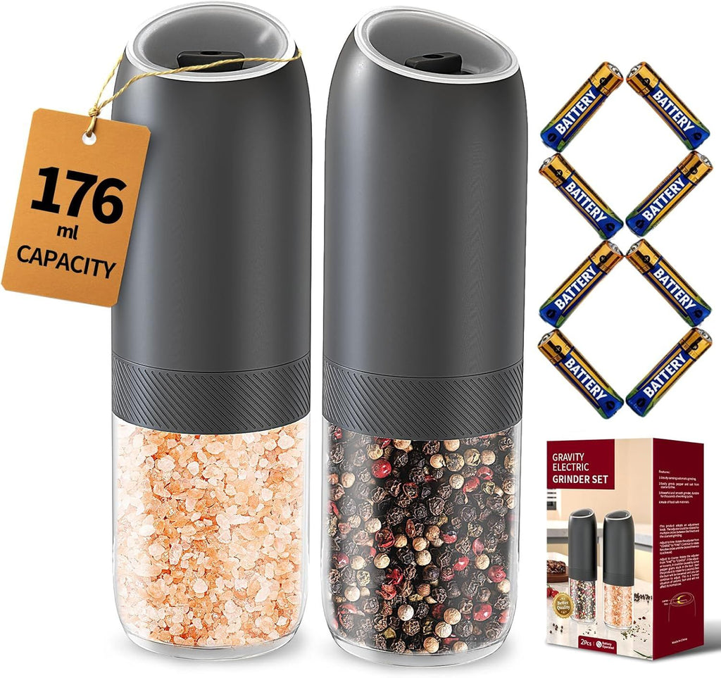 Gravity Electric Salt and Pepper Grinder Set, Battery Powered Automatic Pepper Mills with Adjustable Coarseness, One Hand Operation, 176ml Large Container, Black - Includes 8 Batteries