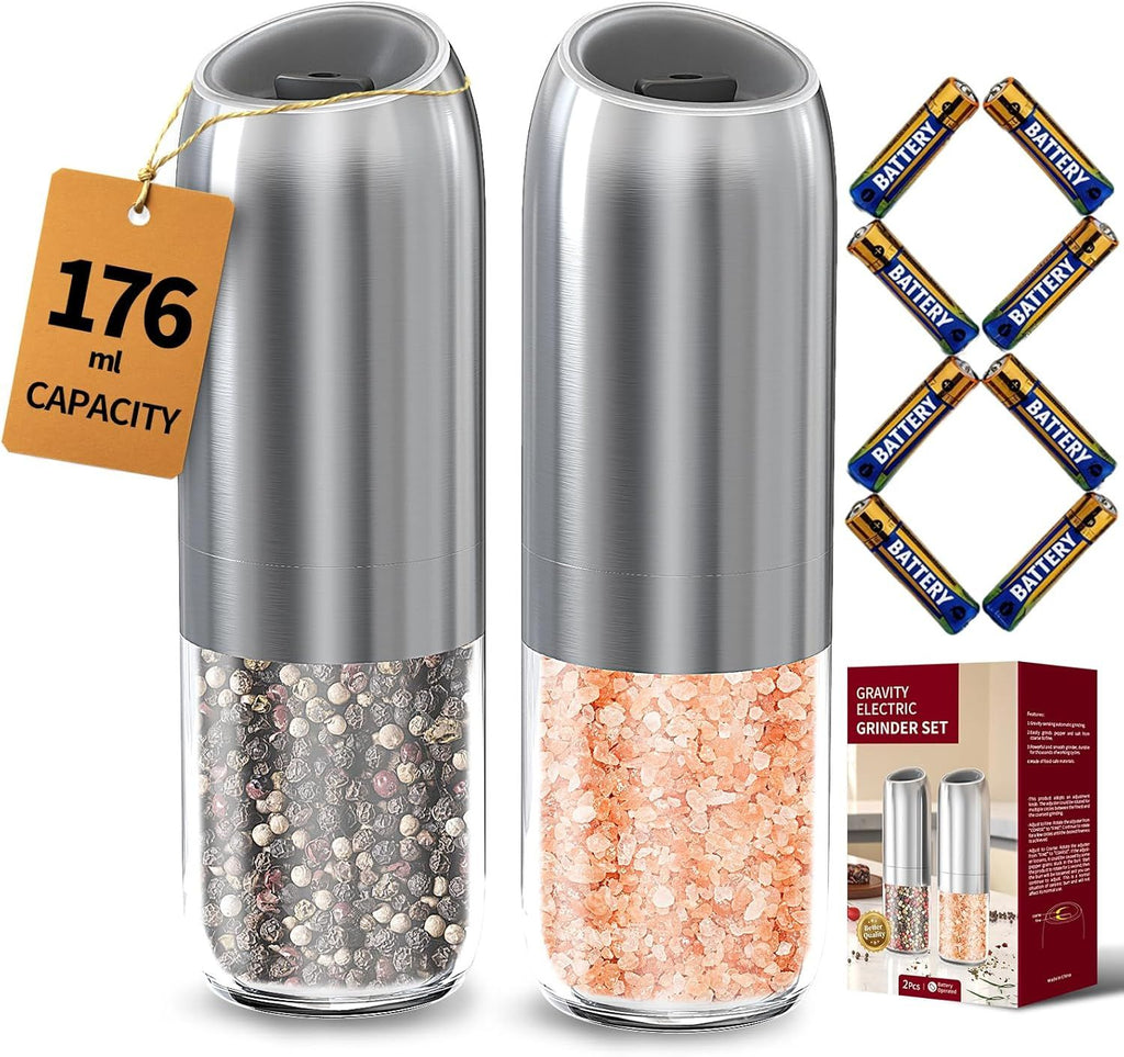 Gravity Electric Salt and Pepper Grinder Set, Battery Powered Automatic Pepper Mills with Adjustable Coarseness, One Hand Operation, 176ml Large Container, Silver - Includes 8 Batteries
