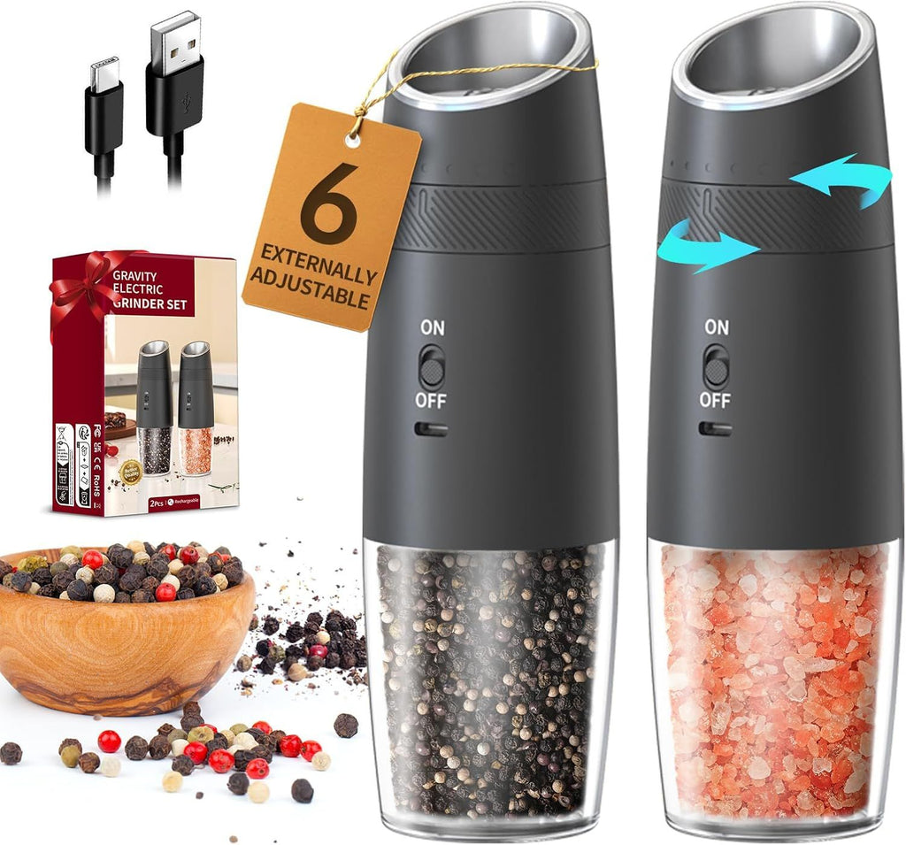 Gravity Electric Salt and Pepper Grinder Set Rechargeable Automatic Pepper and Salt Shakers with LED Light, External Adjustable Coarseness, One-Hand Operation for Salt & Spices