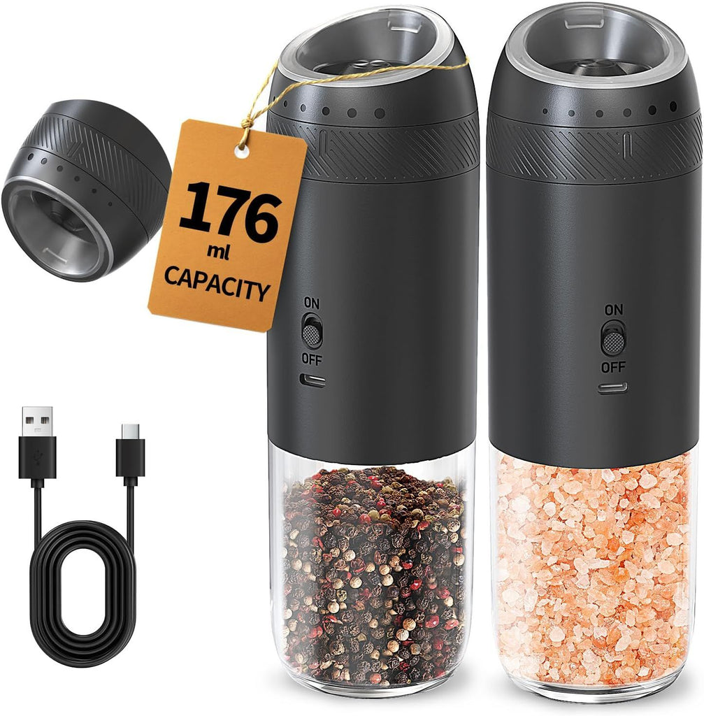 Gravity Electric Salt and Pepper Grinder Set Rechargeable Automatic Pepper Mills with External Adjustable Coarseness, 176ml Large Capacity, Bright LED Light
