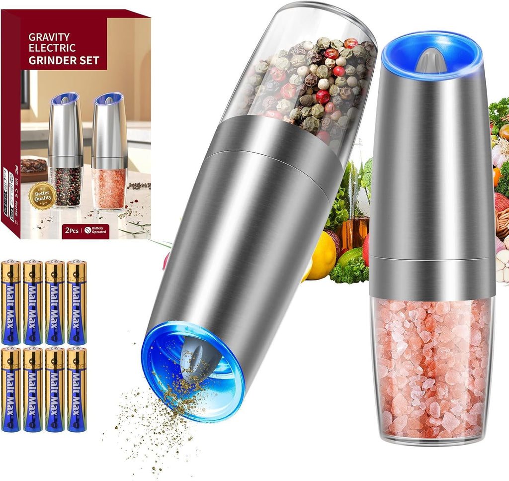 Gravity Electric Salt and Pepper Grinder Set Stainless Steel Automatic Salt and Pepper Grinder Set, Battery Operated, LED Light, Adjustable Coarseness, for Home Kitchen BBQ, Silver