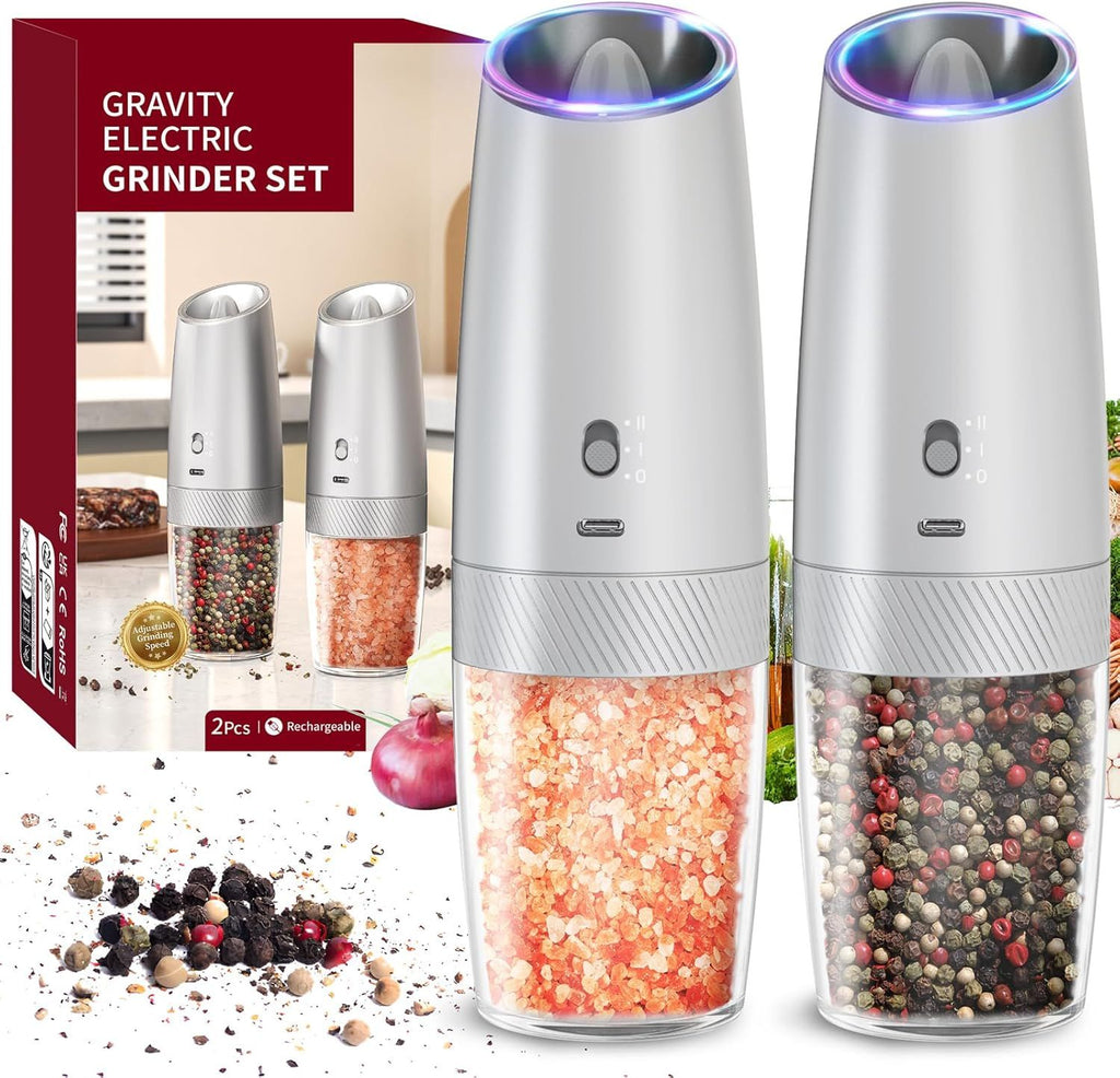 Gravity Electric Salt and Pepper Grinder Set with 2-Speed, Rechargeable Salt and Pepper Grinder Set, Adjustable Coarseness, Whiet LED Light