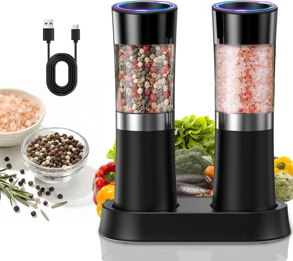 Gravity Sensor Salt and Pepper Grinder Set with Charging Base, Electric Salt and Pepper Mills Set with LED Light, Adjustable Coarseness, No Battery Needed, for Home Kitchen BBQ