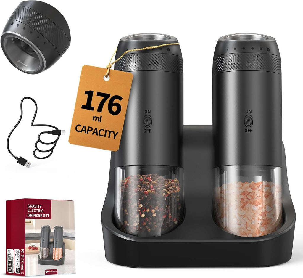 Gravity Sensor Salt and Pepper Grinder Set with Rechargeable Base, Electric Salt and Pepper Grinder Set with External Adjustment, 176ml Capacity and One-handed Operation, Black