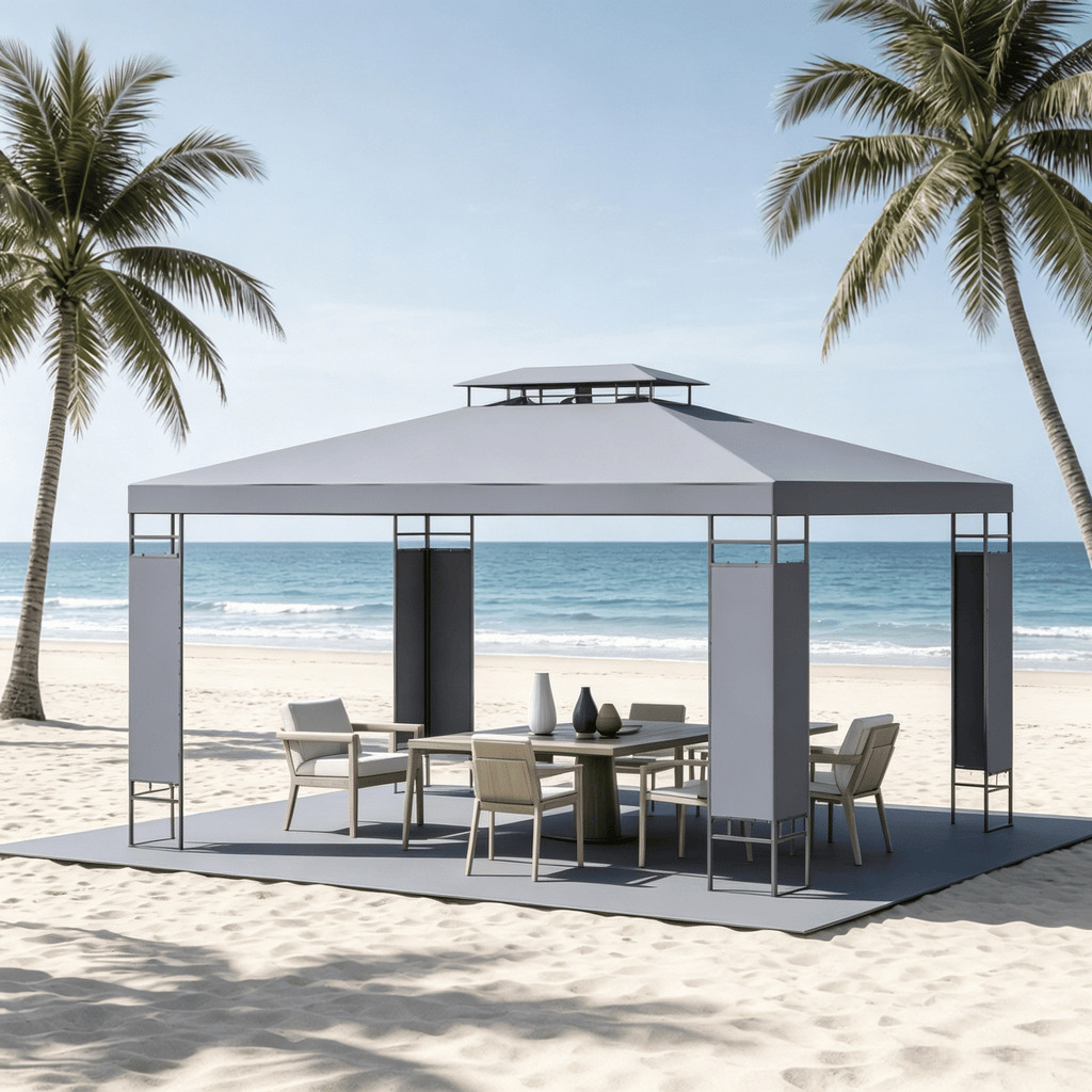 Gray 10' X 13' Patio Gazebo Double Roof Outdoor Canopy Shelter with Screen Decorative Corner Frame for Garden Lawn Backyard Deck