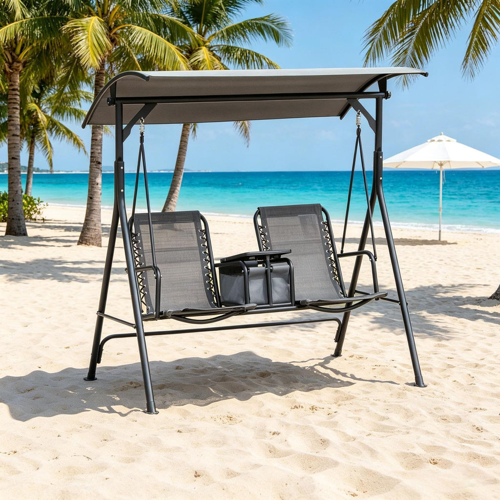 Gray 2-Seat Outdoor Porch Swing with Adjustable Canopy Cup Holder Pivot Storage Table And Skid-Resistant Feet Pad Breathable Mesh Steel Frame Patio Swing