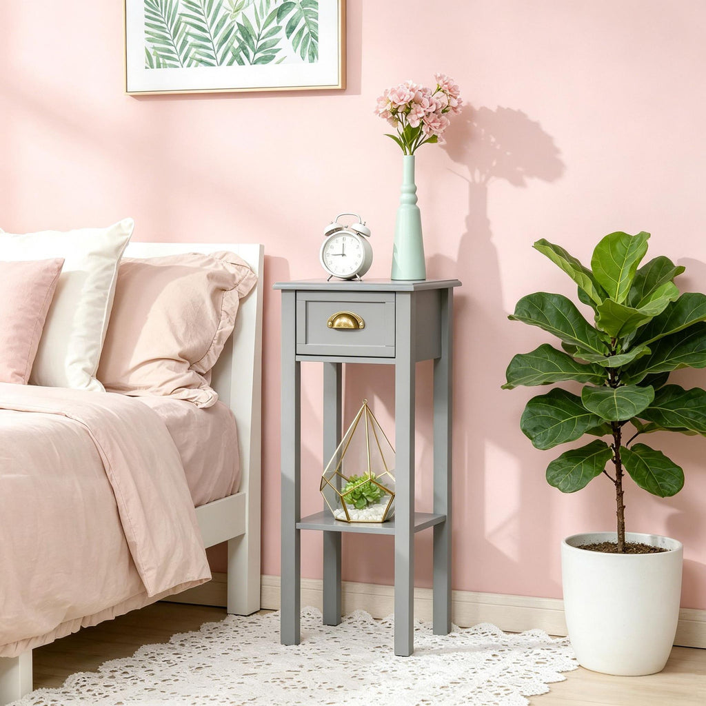 Gray 2-Tier Tall Side Table with Drawer And Bottom Shelf Nightstand End Table for Living Room Bedroom
