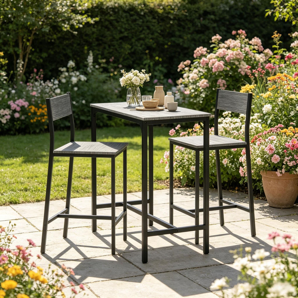 Gray 3 Piece Bar Table And Chairs Set Industrial Counter Height Kitchen Dining Table with Bar Stools Breakfast Table for Small Space