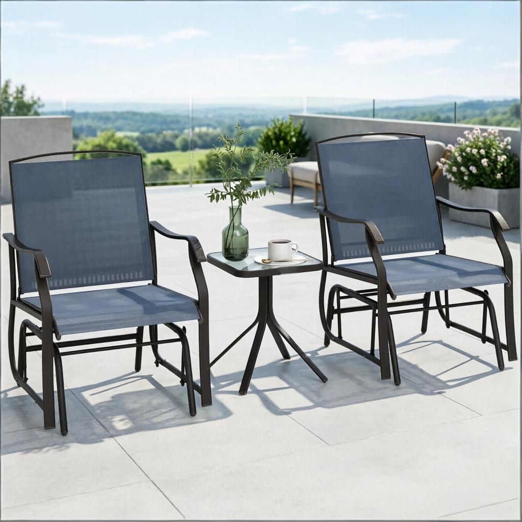 Gray 3 Piece Outdoor Bistro Set with Glider Chair And Coffee Table 2 Patio Rocking Swing Chairs with Breathable Sling Fabric for Backyard Garden Porch