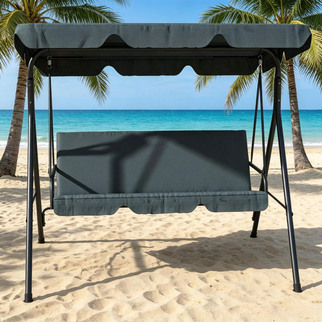 Gray 3-Seat Outdoor Patio Swing Chair with Cushion Steel Frame Stand Adjustable Tilt Canopy for Garden