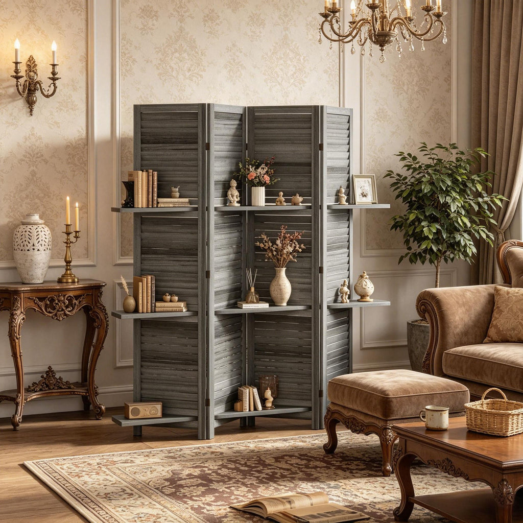 Gray 4 Panel 67 Inch Tall Wood Privacy Screen Room Divider with 3 Shelves Folding Storage for Bedroom