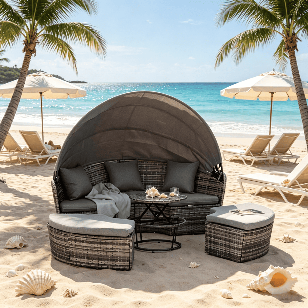 Gray 4-Piece round Rattan Daybed Set Convertible Patio Furniture with Adjustable Sun Canopy Sectional Outdoor Sofa 2 Chairs Extending Tea Table Ottoman & 3 Pillows