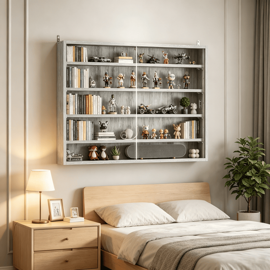 Gray 5-Tier Wall-Mounted Display Cabinet with 2 Glass Doors And Adjustable Shelves for Home Organization And Decor