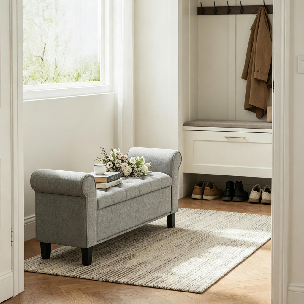 Gray 50-Inch Storage Ottoman End of Bed Bench with Rolled Arms Button Tufted Design Wood Legs for Extra Seating And Hidden Storage