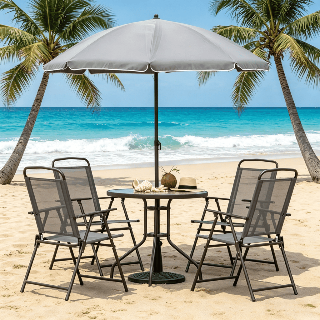 Gray 6 Piece Patio Dining Set for 4 with Umbrella round Glass Table And 4 Folding Chairs Garden Outdoor Furniture