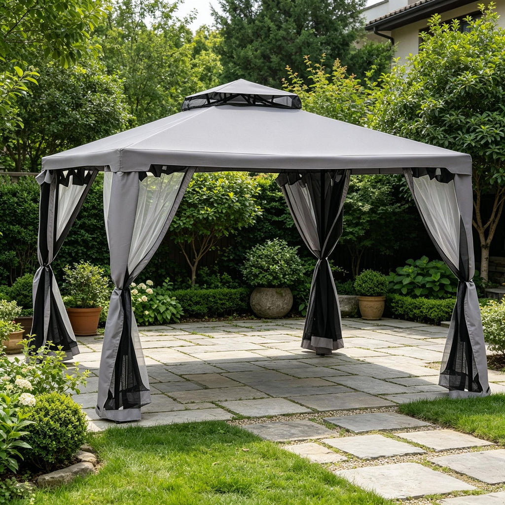 Gray 9.6' X 9.6' Patio Gazebo Outdoor Canopy Shelter with 2-Tier Roof And Netting Steel Frame for Garden Lawn Backyard Deck