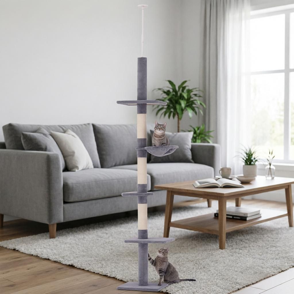 Gray Adjustable Height 102" Floor to Ceiling Cat Tree 5 Level Tower with Scratching Posts And Hammock for Cats