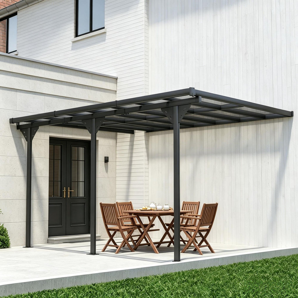Gray Aluminum Polycarbonate Pergola 14.5' X 10' Wall-Mounted Outdoor Shade for Family Use with UV Blocking